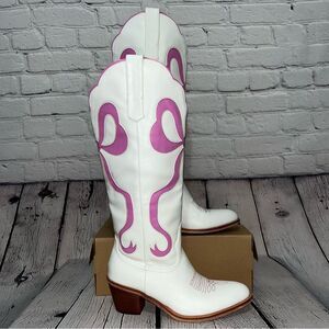 Womens Western Tall White & Pink Bow Tie Cowboy Boots Women's Size 7